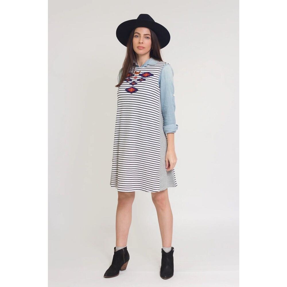 THML Anthropologie Womens Sleeveless Embroidered Tank Dress Striped White Medium